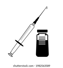 Syringe with vaccine bottle isolated on white background. Set of vaccination icon silhouette.Injection sign.Silhouette of vial with coronavirus vaccine and syringe.Stop coronavirus.Vector illustration