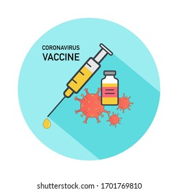 Syringe and vaccine bottle with virus cells. Coronavirus, covid-19, 2019-nCoV vaccine. Vector illustration outline flat design style. 