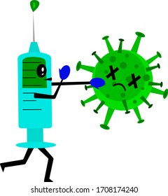 syringe with vaccine cartoon character in boxing gloves beats malicious virus concept of victory over illness and medicine object on white background