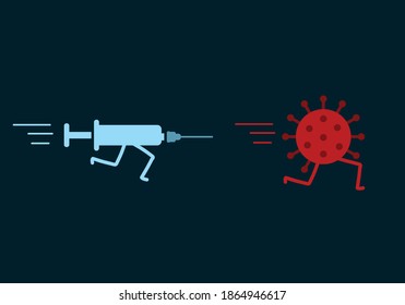 A syringe with a vaccine is chasing the coronavirus. Medical concept.