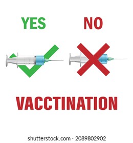 Syringe with a vaccine. Choice of vaccination yes in green or no in red. Vector icons and text isolated on white background