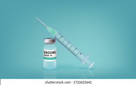 Syringe with vaccine COVID-19 Coronavirus (2019-nCoV) , vial of medicine on background. Vector illustration