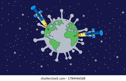 Syringe with the vaccine Covid-19. The world that was controlled by Covid-19. Protecting the world from the Corona virus (Covid-19).