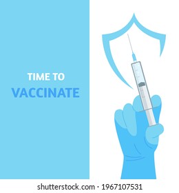 Syringe with a vaccine in the doctor's hand. Concept of time for vaccination, coronavirus infection pandemic. Vector stock illustration. 
