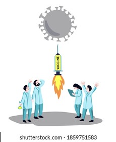 Syringe with vaccine flights as rocket at coronavirus and researcher people around. Medicine concept for corona virus, covid immune protection treatment development. Medical science vector 