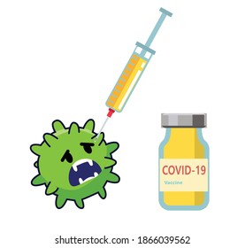 Syringe with vaccine inject bacteria, virus, universal vaccination against coronavirus and flu, concept flat vector illustration