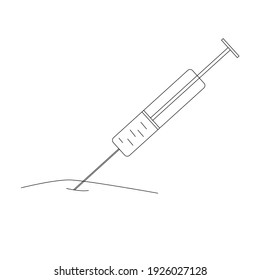 Eine Spritze mit einem Impfstoff, der in die Oberfläche eingeführt wird. Schwarz-Weiß-Bild, einfache lineare Abbildung. Geeignet für die Illustration von Artikeln, Infografiken, Publikationen. 