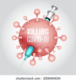 Syringe with vaccine kills coronavirus 3D illustration vector
