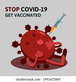 Syringe with vaccine kills coronavirus. Injection defeats the virus. Concept of vaccination. Get vaccinated banner. Vector illustration in flat style.