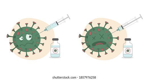 Syringe with vaccine kills the virus COVID-19. Coronavirus before and after vaccination shot. Vector flat illustration isolated on white background.