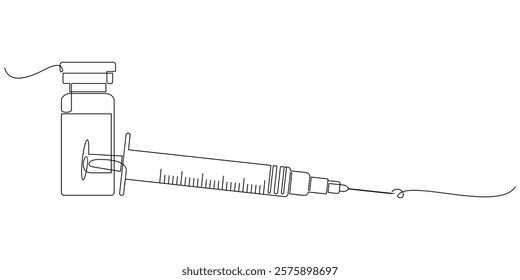 Syringe with vaccine in line art style, vector illustration.