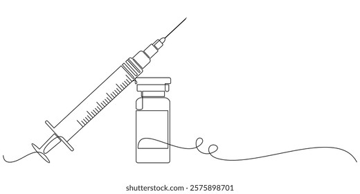Syringe with vaccine in line art style, vector illustration.