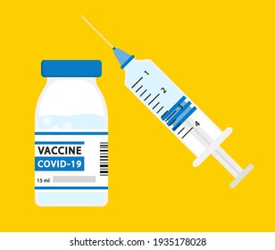 Syringe with vaccine, medicine bottle on yellow background. Covid-19 Coronavirus concept. Vaccination concept. Flat vector illustration