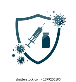 Syringe with vaccine on shield icon. Vaccination program, disease immunization vaccine, medical health protection concept - stock vector