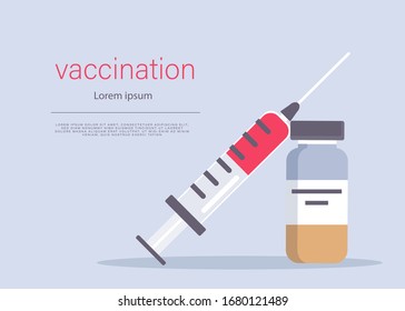 Syringe and vaccine set of medical tools for vaccination. Vector