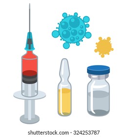 Syringe and vaccine set of medical tools for vaccination.
