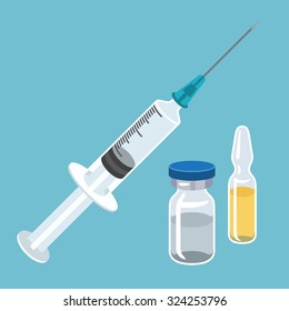 Syringe and vaccine set of medical tools for vaccination.