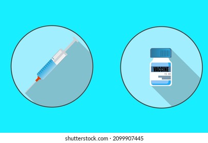 Syringe and vaccine shadow and circle on blue background.