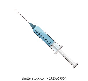Syringe with vaccine vector illustration in blue color, simple flat cartoon style isolated on white background.