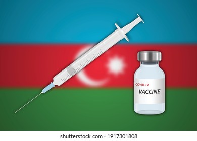 Syringe and vaccine vial on blur background with Azerbaijan flag, Template for vaccination banner