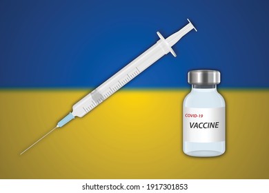 Syringe and vaccine vial on blur background with Ukraine flag, Template for vaccination banner