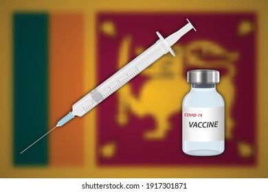 Syringe and vaccine vial on blur background with Sri Lanka flag, Template for vaccination banner