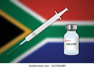 Syringe and vaccine vial on blur background with South Africa flag, Template for vaccination banner