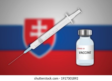 Syringe And Vaccine Vial On Blur Background With Slovakia Flag, Template For Vaccination Banner