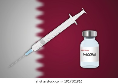 Syringe and vaccine vial on blur background with Qatar flag, Template for vaccination banner