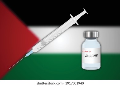 Syringe And Vaccine Vial On Blur Background With Palestine Flag, Template For Vaccination Banner