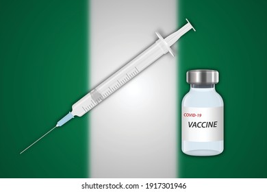 Syringe and vaccine vial on blur background with Nigeria flag, Template for vaccination banner