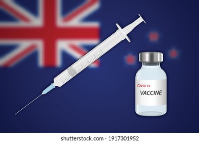 Syringe and vaccine vial on blur background with New Zealand flag, Template for vaccination banner