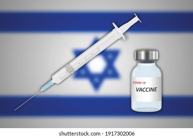 Syringe and vaccine vial on blur background with Israel flag, Template for vaccination banner
