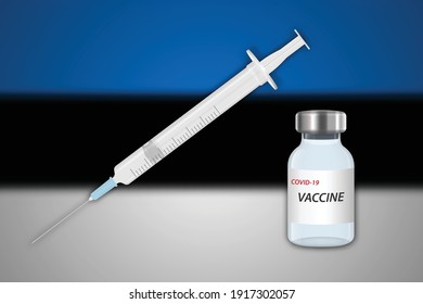 Syringe and vaccine vial on blur background with Estonia flag, Template for vaccination banner