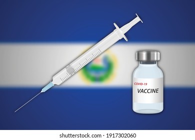 Syringe and vaccine vial on blur background with El Salvador flag, Template for vaccination banner