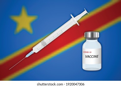 Syringe and vaccine vial on blur background with DR Congo flag, Template for vaccination banner