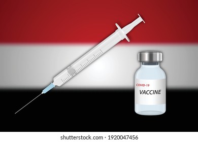 Syringe and vaccine vial on blur background with Yemen flag, Template for vaccination banner