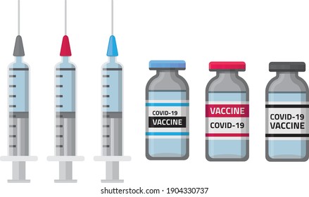 Syringe and vaccine vial set. Covid-19 vaccine treatment. Corona virus. Flat icon. Bottle and needle.