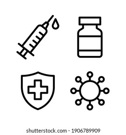 Syringe, Vaccine vial, Virus germ and Medical protective shield icon set, Treatment vaccine injection, Medical flat simple outline logo, Isolated on white background, Vector illustration