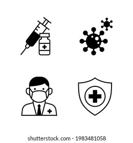 Syringe, Vaccine vial, Virus germ, Doctor and Medical protective shield icon set, Immunization treatment, Vaccine injection, Medical flat logo, Isolated on white background, Vector illustration