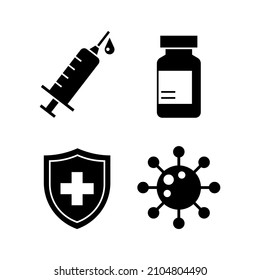 Syringe, Vaccine vial, Virus germ and Medical protective shield icon set, Treatment vaccine injection, Medical logo, Isolated on white background, Vector illustration