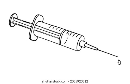 Syringe vector hand drawn outline doodle icon. Covid-19 Coronavirus vaccine. Medical injection syringe as using drugs or hospital service concept. For print, web, design, decor, logo. 