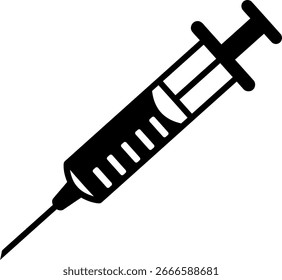 Ícone do vetor da seringa. Símbolo preto e branco de injeção, vacina ou agulha médica. Silhueta de conceito de cuidados de saúde e imunização.