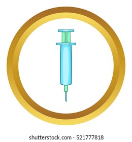 Syringe vector icon in golden circle, cartoon style isolated on white background