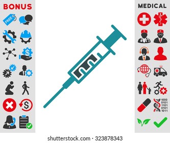 Syringe vector icon. Style is bicolor flat symbol, soft blue colors, rounded angles, white background.