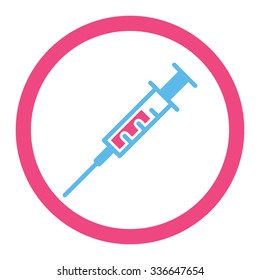 Syringe vector icon. Style is bicolor flat rounded symbol, pink and blue colors, rounded angles, white background.