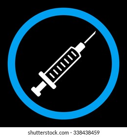Syringe vector icon. Style is bicolor flat rounded symbol, blue and white colors, rounded angles, black background.