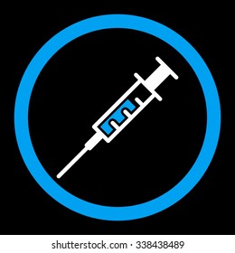 Syringe vector icon. Style is bicolor flat rounded symbol, blue and white colors, rounded angles, black background.