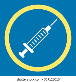 Syringe vector icon. Style is bicolor flat rounded symbol, yellow and white colors, rounded angles, blue background.