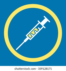 Syringe vector icon. Style is bicolor flat rounded symbol, yellow and white colors, rounded angles, blue background.
